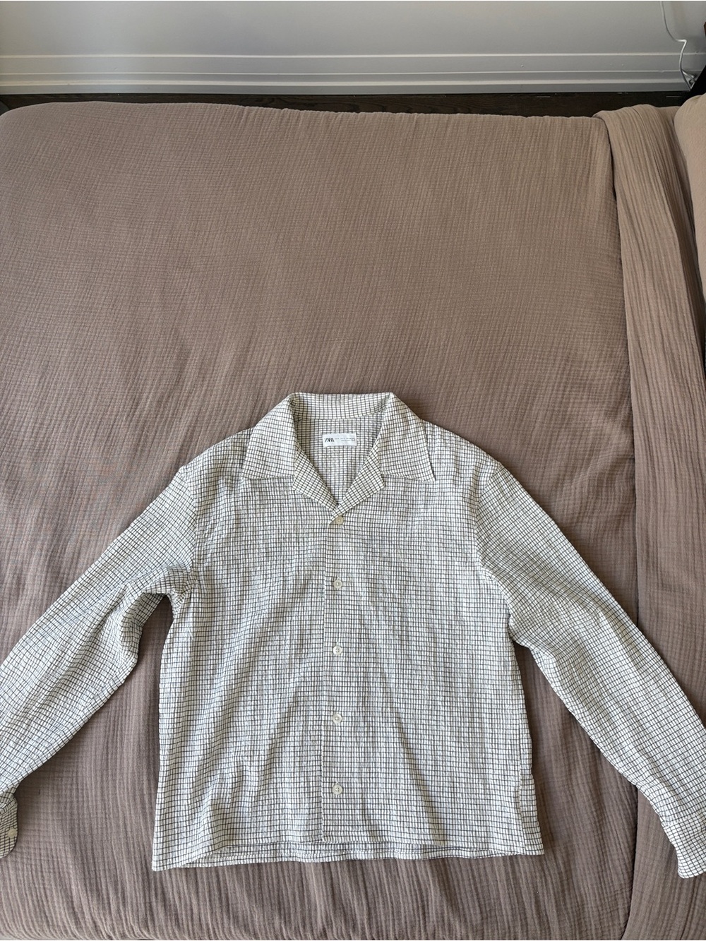 Zara Boxy Cropped Camp Collar Longsleeve - Black Windowpane